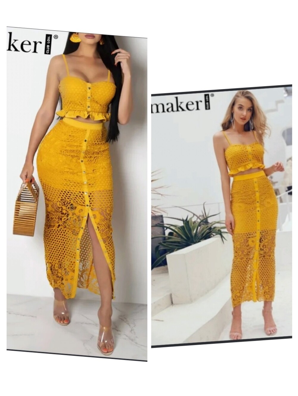 Yellow Lace Two-Piece Skirt Set